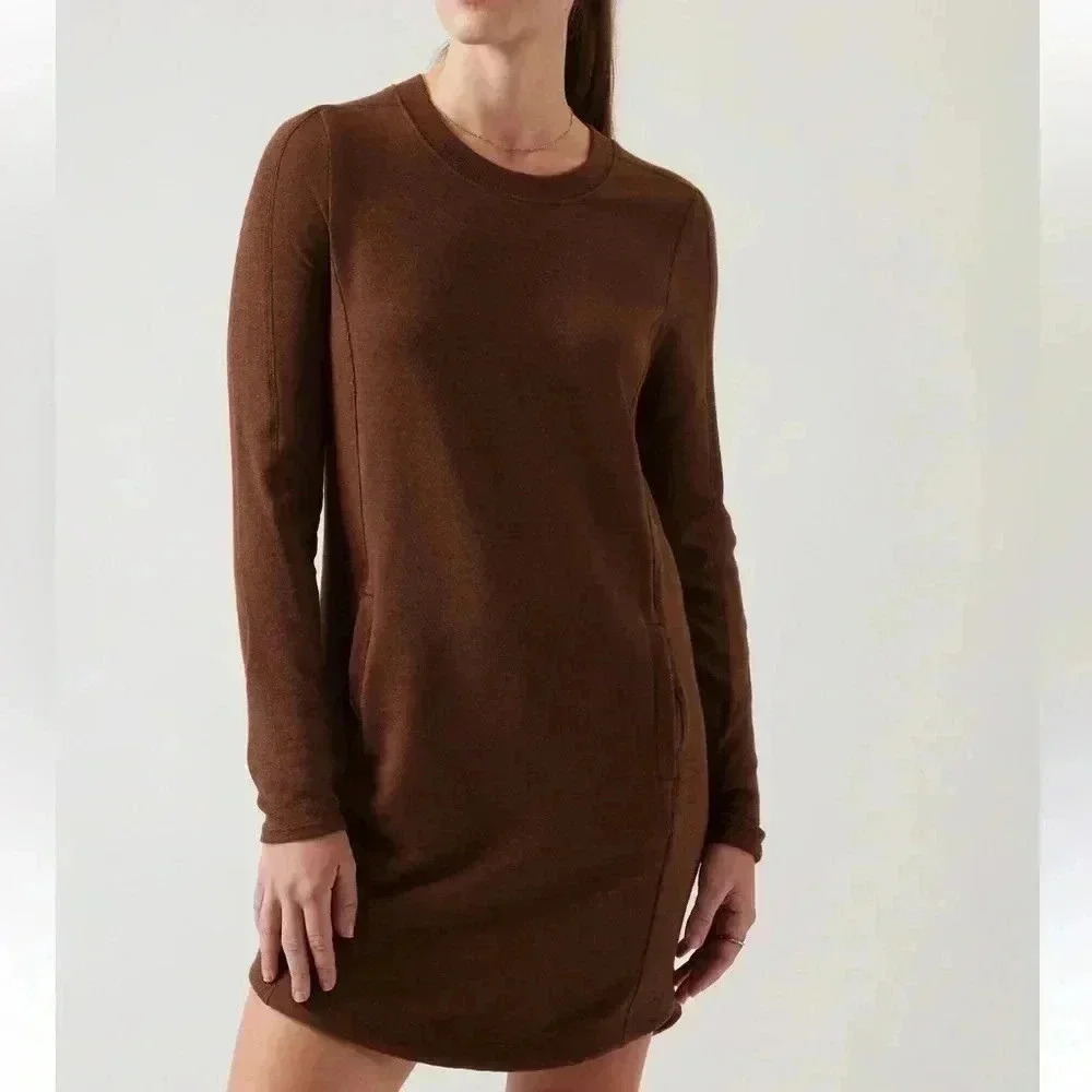 [S] Athleta  Balance Dress, Mahogany Brown Soft Modal Sweatshirt Dress EUC